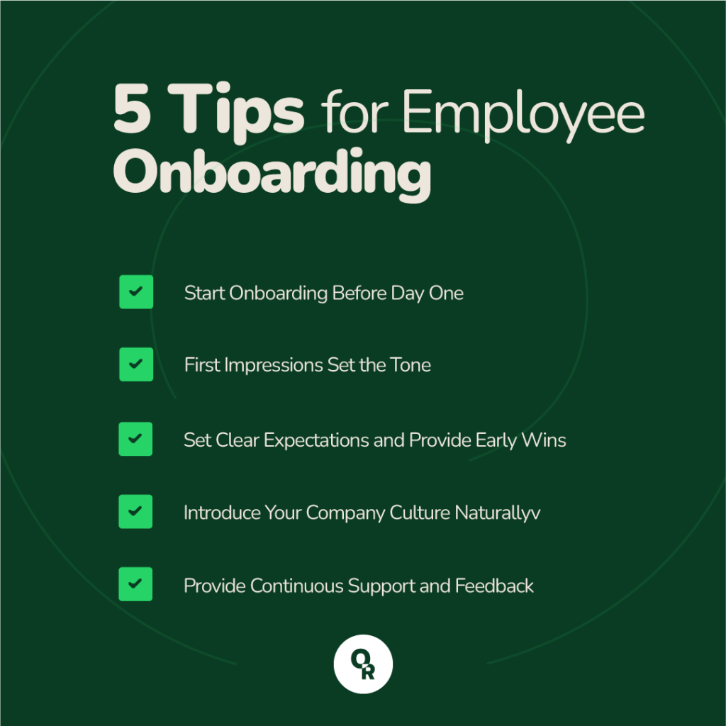 A list containing 5 Tips for Employee Onboarding